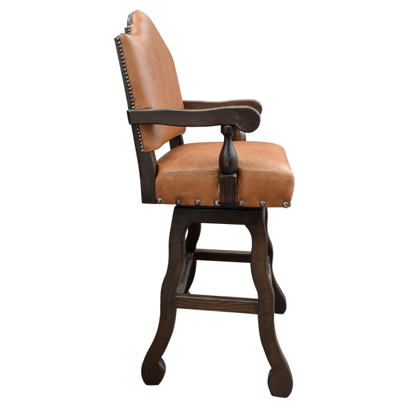 Side view of swivel bar stool with salmon seat and turquoise embossed back