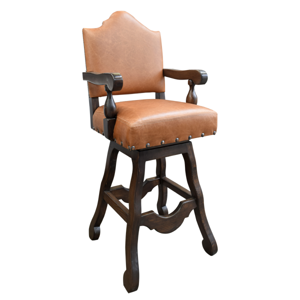 Three-quarter front view of salmon leather swivel bar stool with wood armrests