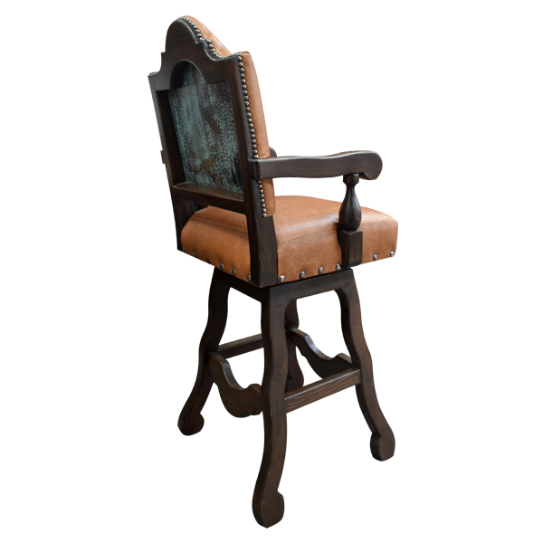 Three-quarter rear view of swivel bar stool with turquoise back and curved footrest