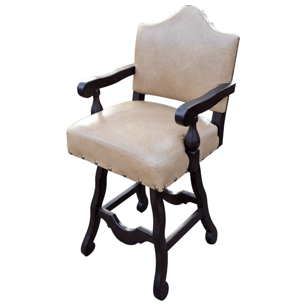 Elevated three-quarter front view of bar stool with leather seat and embroidered fabric