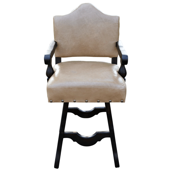 Front view of handcrafted bar stool with beige leather and arched backrest