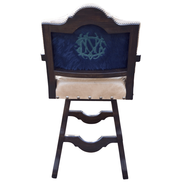 Rear view of handcrafted bar stool with embroidered fabric back and curved footrest