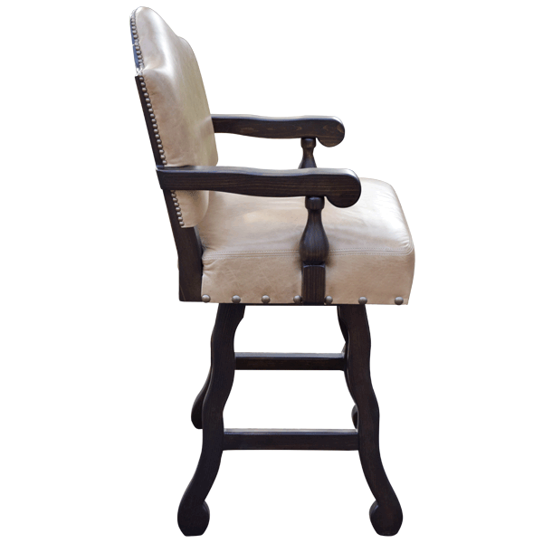 Side view of handcrafted bar stool with neutral leather and embroidered fabric back