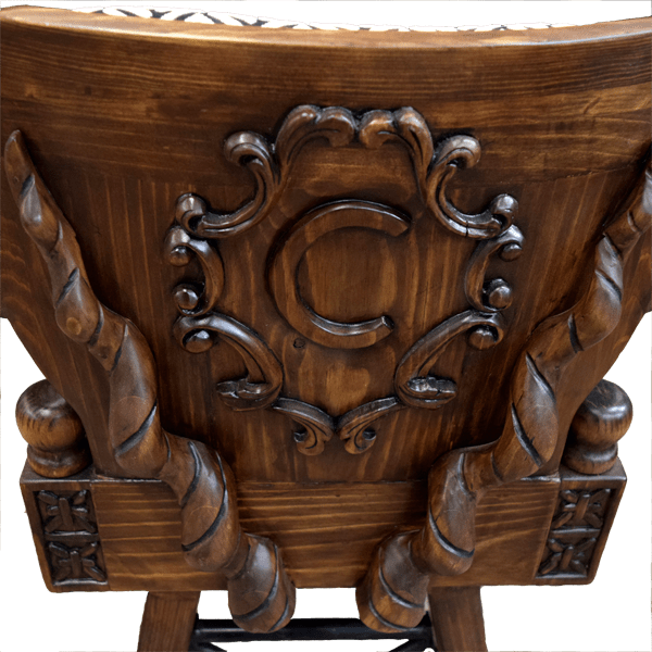Close-up of hand carved wood back on bar stool with custom design