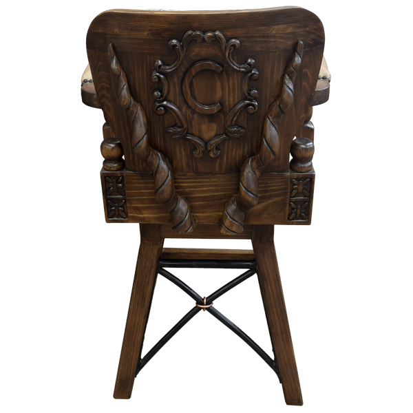 Rear view of handcrafted bar stool with hand carved wood back and iron stretcher