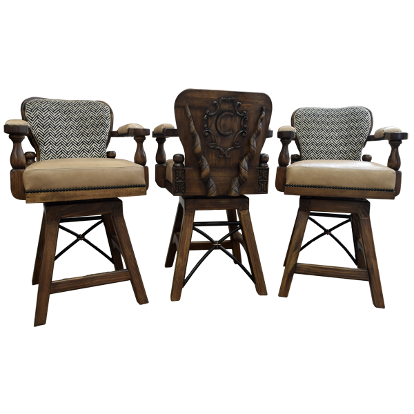 Set of three bar stools with two in front view and one in rear view showing carved wood back