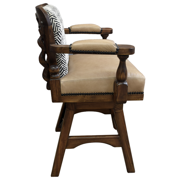 Side view of handcrafted bar stool with leather seat and hand carved wood frame