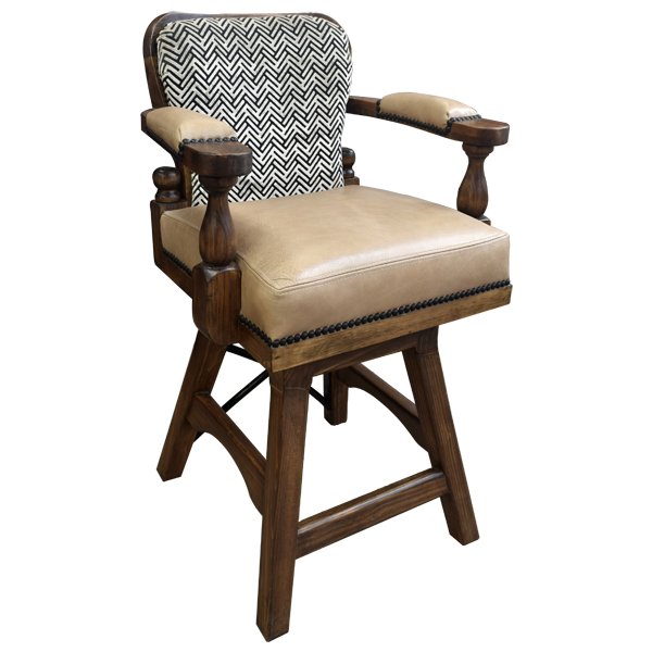 Three-quarter front view of bar stool with leather armrests and iron detail