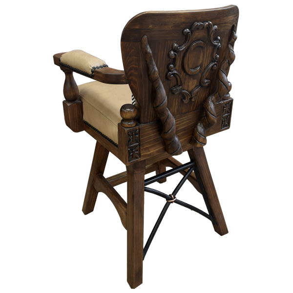 Three-quarter rear view of bar stool with carved wood back and patterned fabric interior
