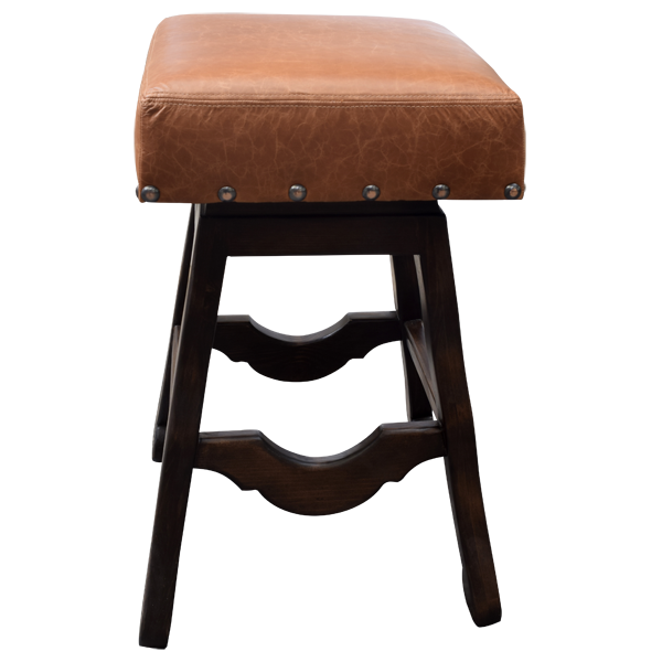 Elevated front view of handcrafted bar stool with natural leather and padded seat