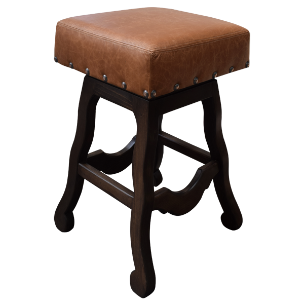 Elevated three-quarter front view of bar stool with leather seat and hand tacked upholstery
