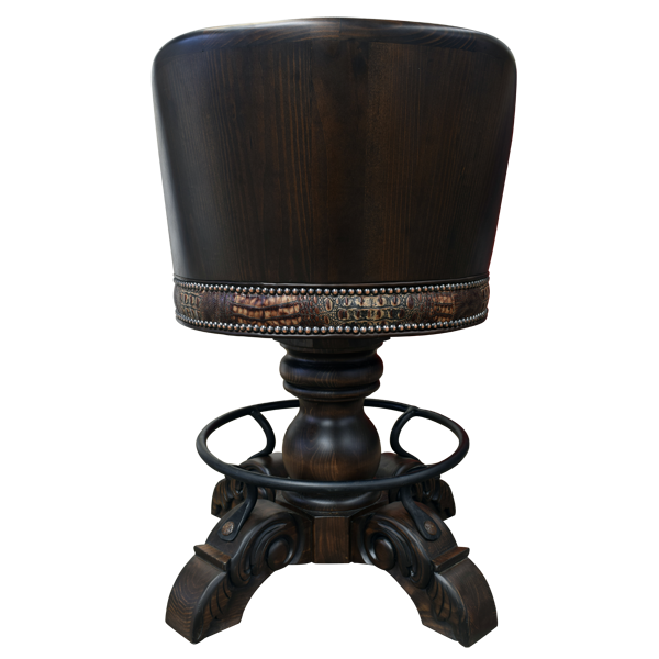 Rear view of handcrafted bar stool with leather and trumpet pedestal