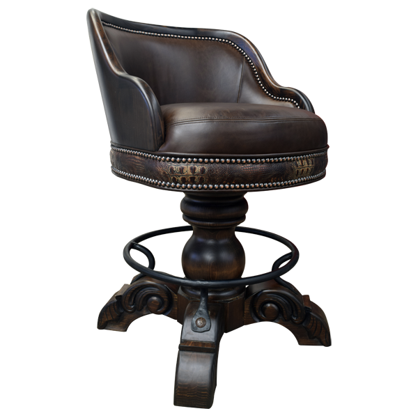 Three-quarter front view of bar stool with leather upholstery and embossed base