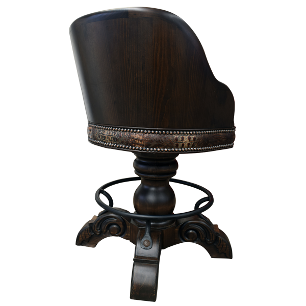 Three-quarter rear view of bar stool with chocolate leather and embossed contrast