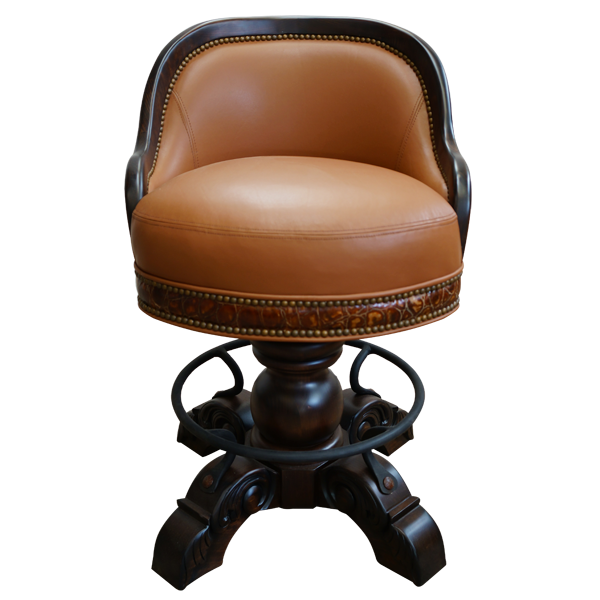 Front view of bar stool with full grain leather seat and cowhide backrest