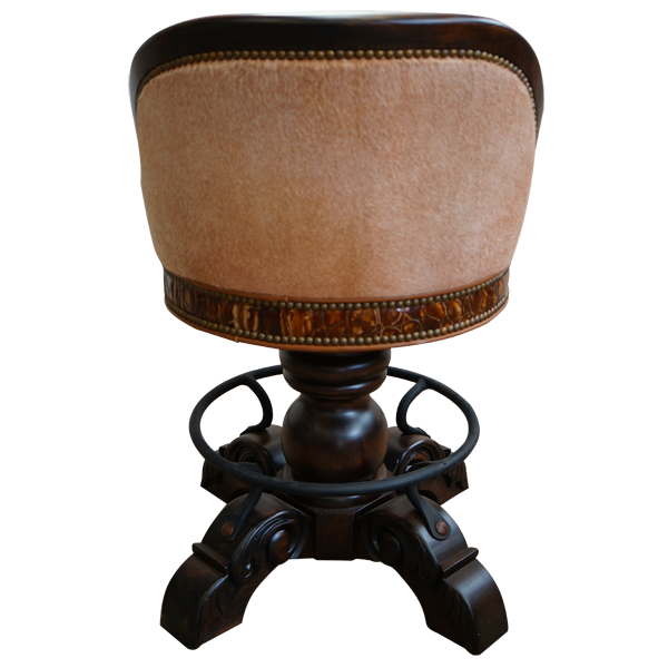 Rear view of bar stool with cowhide upholstery and embossed leather base