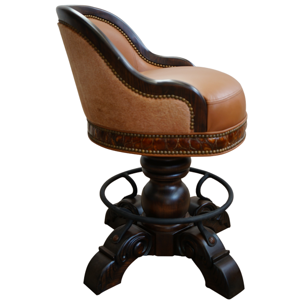 Side view of bar stool with leather seat and cowhide back on wood pedestal