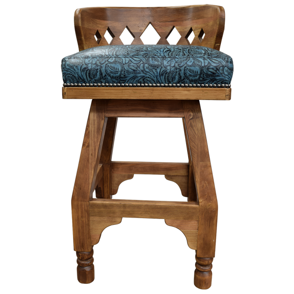 Front view of handcrafted bar stool with turquoise leather seat and diamond cut-out wood back