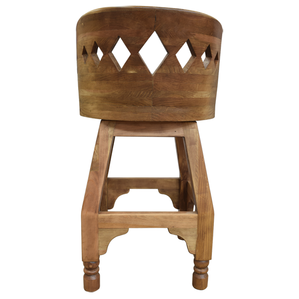 Rear view of bar stool with diamond cut-out back and light stained wood frame