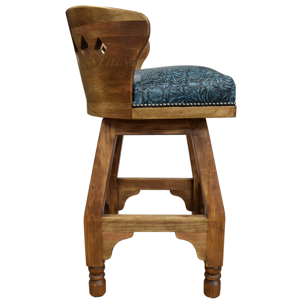 Side view of bar stool with embossed leather seat and diamond cut-out back