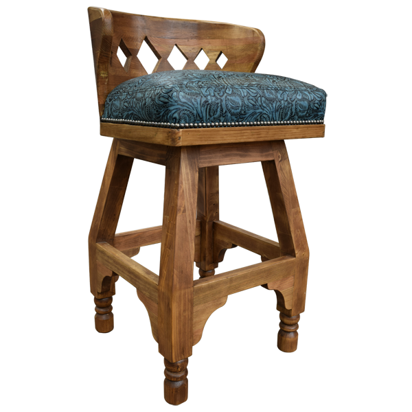 Three-quarter front view of bar stool with turquoise leather and sustainable wood frame