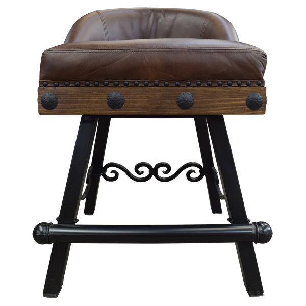 Front view of handcrafted bar stool with dark brown leather and scroll iron legs