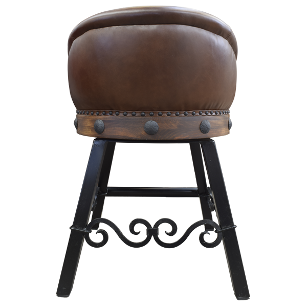 Rear view of bar stool with dark leather back and iron conchos