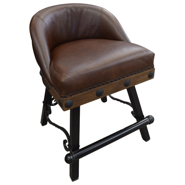 Alternate three-quarter front view of bar stool with leather seat and iron details
