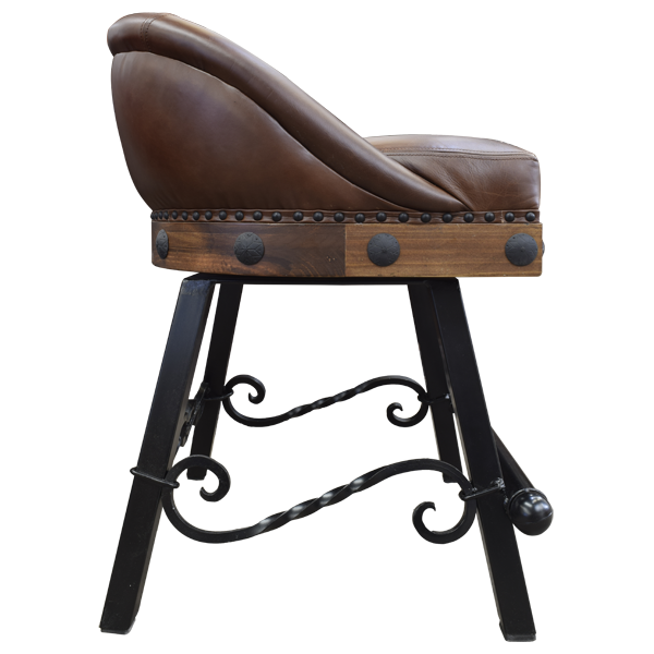 Side view of bar stool with full grain leather and iron frame with conchos