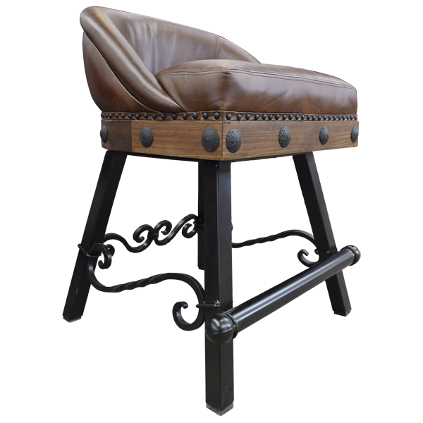 Three-quarter front view of bar stool with leather seat and iron scrollwork