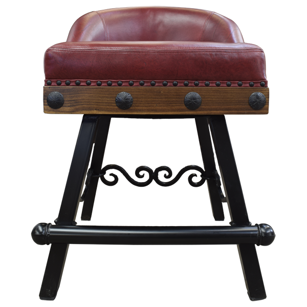 Front view of handcrafted bar stool with earthen leather and scroll iron footrest