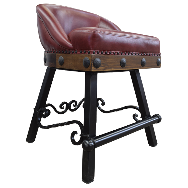 Three-quarter front view of bar stool with leather seat and iron details
