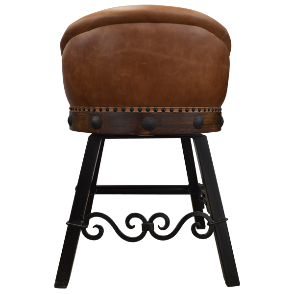 Rear view of bar stool with natural leather back and iron conchos