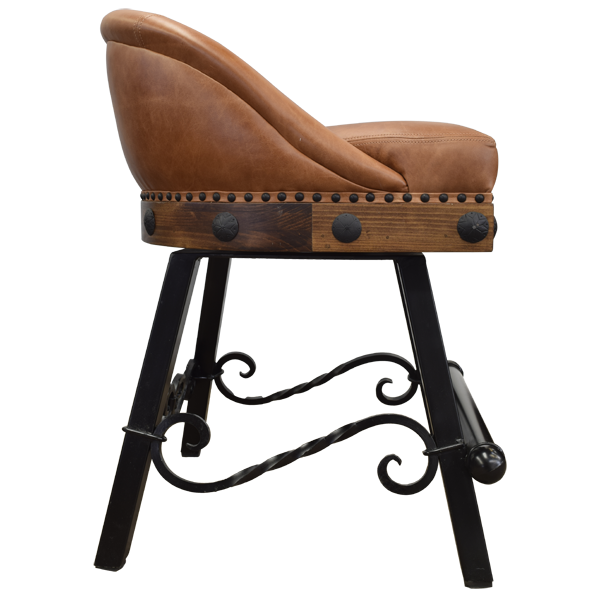 Side view of bar stool with full grain leather and iron conchos