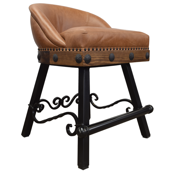Three-quarter front view of bar stool with leather seat and iron accents