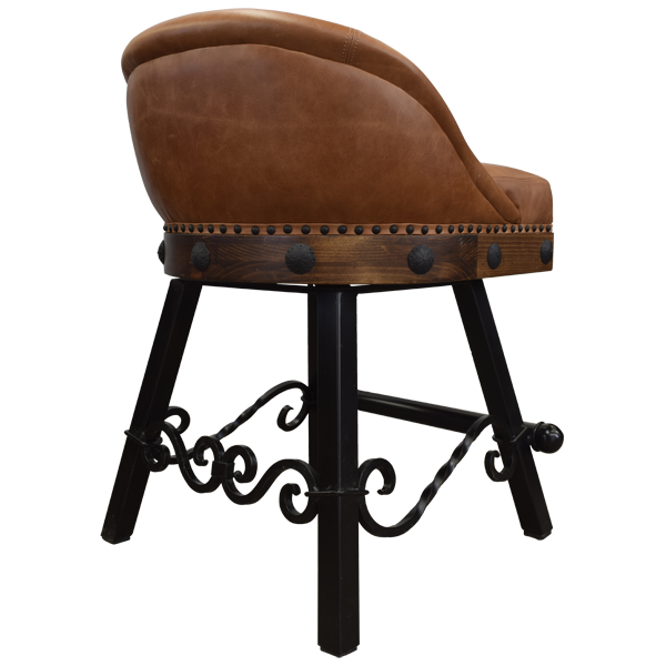 Rear angled view of bar stool with leather back and scroll iron structure