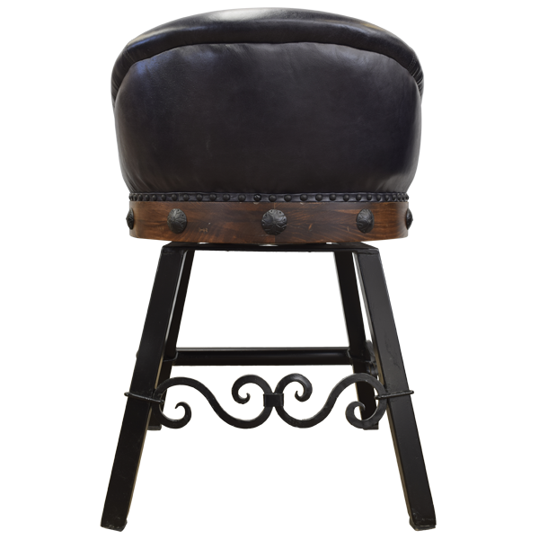 Back view of bar stool with chocolate leather and scroll iron structure