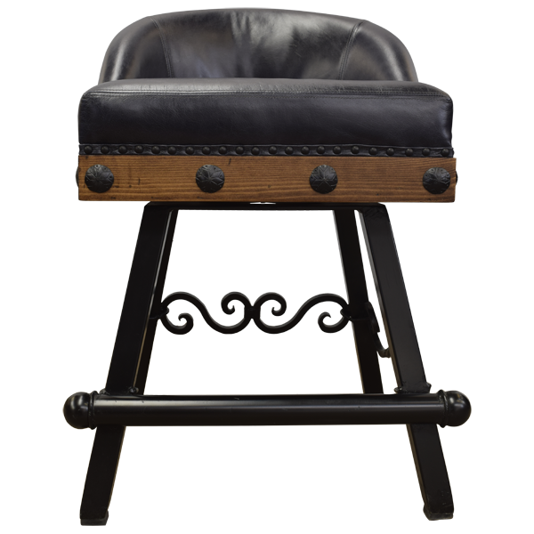 Front view of handcrafted bar stool with dark leather and scroll iron footrest