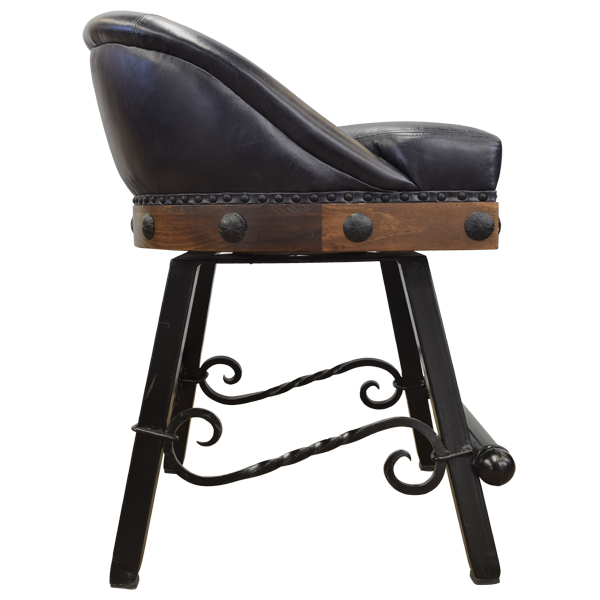 Side view of bar stool with chocolate leather and iron conchos