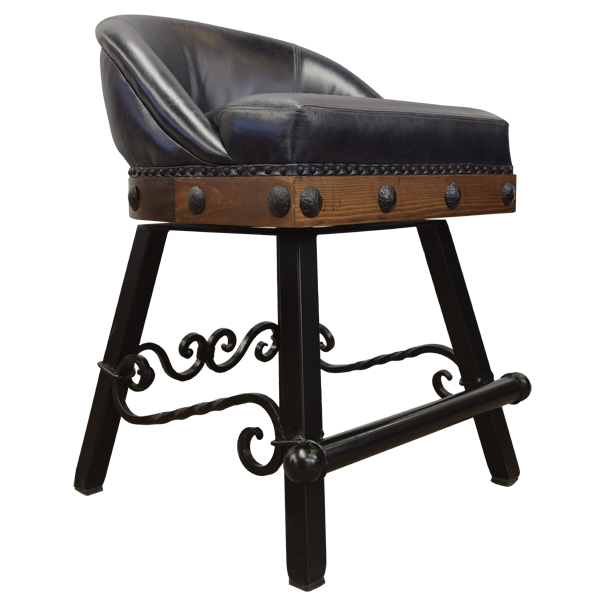 Three-quarter front view of bar stool with dark leather and iron accents