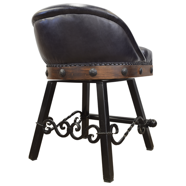 Rear angled view of bar stool with dark leather back and scroll iron structure