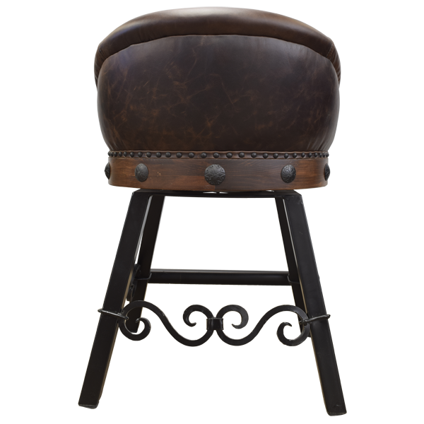 Back view of bar stool with rich leather and scroll ironwork