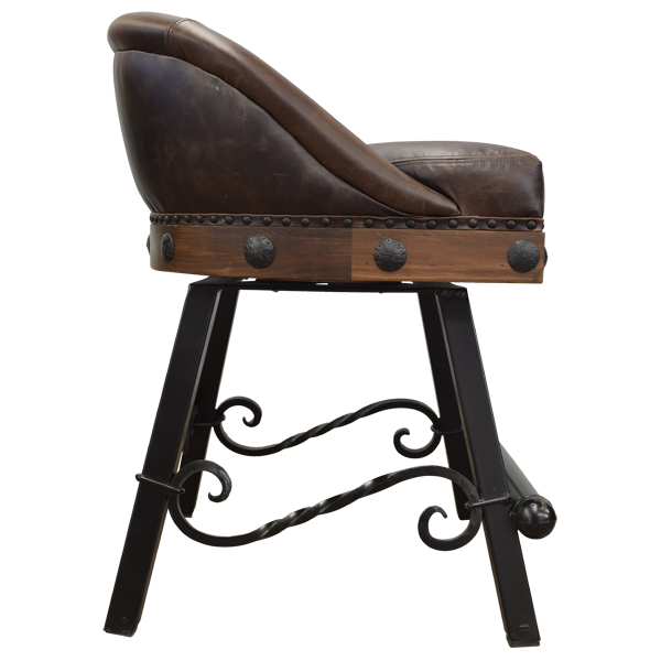 Side view of bar stool with dark leather and iron conchos
