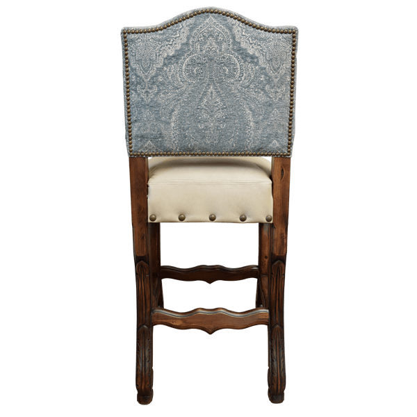 Back view of bar stool with blue patterned fabric and nail trim