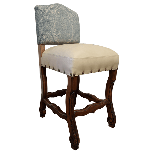 Three-quarter front view of bar stool with blue fabric and beige leather upholstery