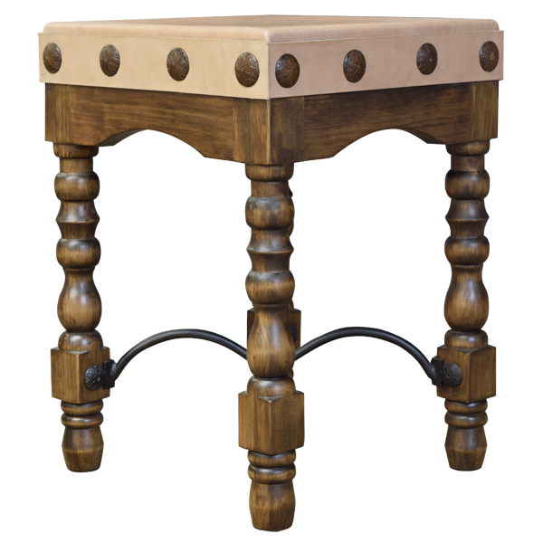 Three-quarter front view of bar stool with cowhide upholstery and iron stretcher