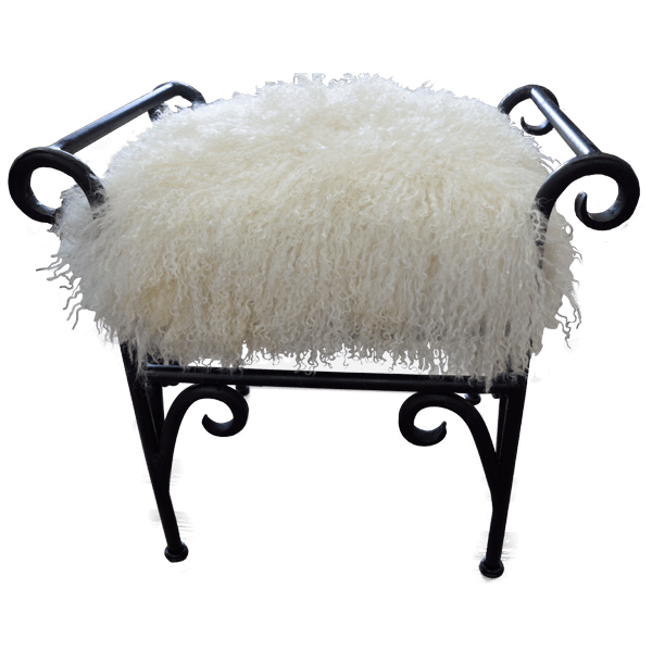 Elevated front view of bar stool with Tibetan lamb upholstery and forged iron scroll frame