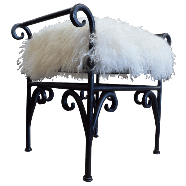 Three-quarter view of bar stool with Tibetan lamb seat and forged iron legs