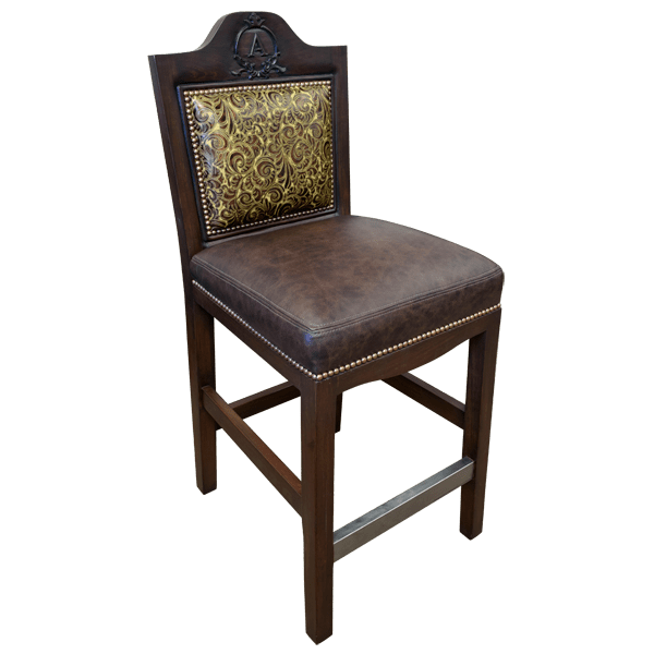Elevated three-quarter view of bar stool with leather seat and carved wood frame