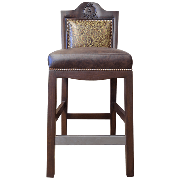 Front view of stationary bar stool with arched carved wood frame and leather seat